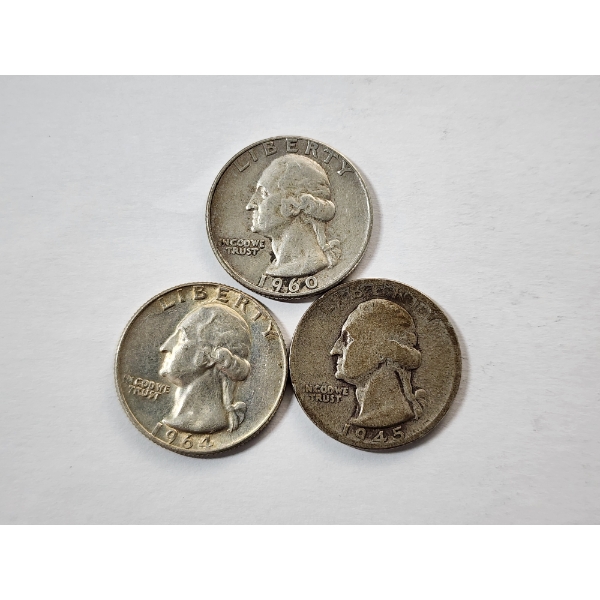 Three U.S. 90% Silver Washington Quarters: 1964-D, 1960-D, 1945-S