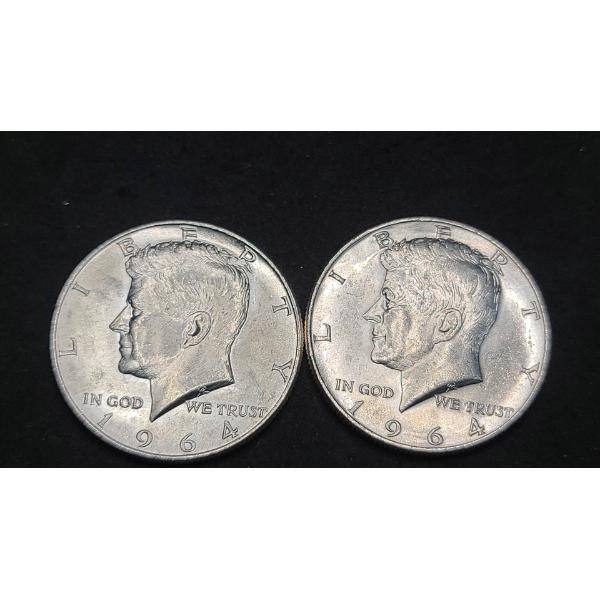 (2) 1964 90% Silver Kennedy Half Dollars - Face Value: $1.00