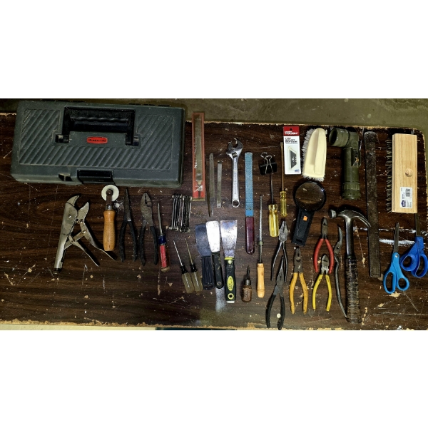 Assorted Hand Tools with Rubbermaid Tool Box