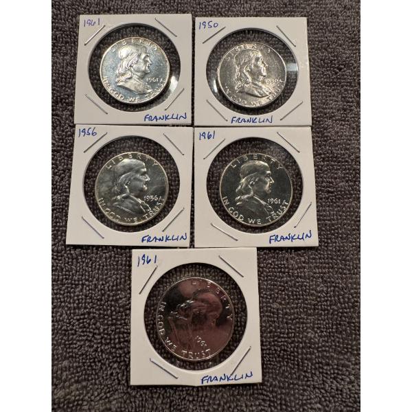 5 - Ben Franklin 90% Silver Half Dollars - High Grade Condition - $2.50 Face Value