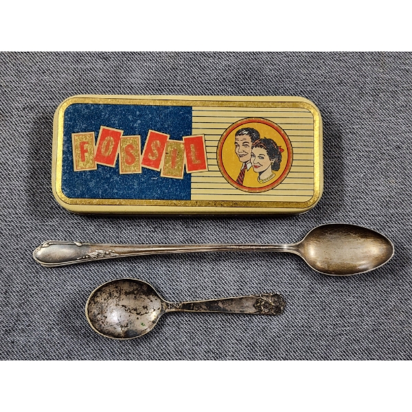 Two Silver Plated Spoons With Vintage Fossil Watch Tin