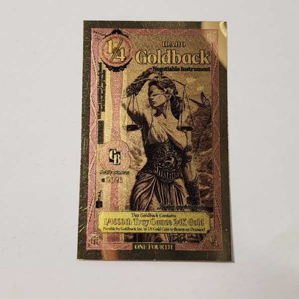 2026 Idaho 1/4 Goldback *Alpha Series* Justitia 1/4000oz 24K Gold Foil Note