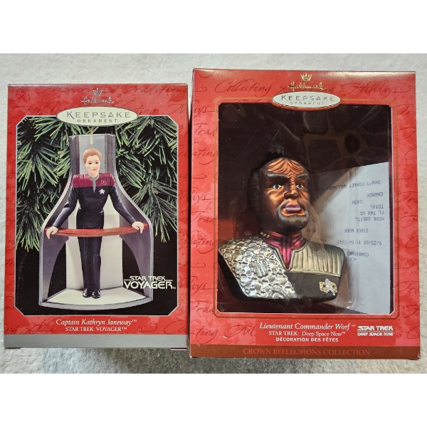 Star Wars - 2 Hallmark Keepsake Ornaments - Worf and Janeway with Boxes