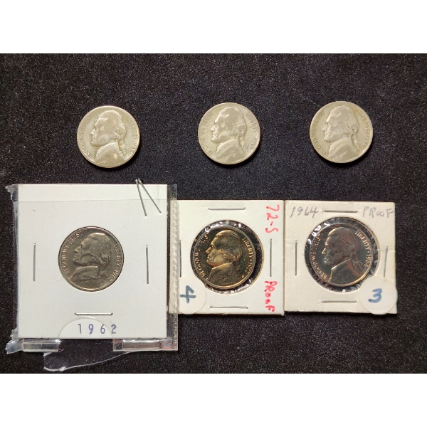 Six Assorted United States Nickels Ft. Wartime & Jefferson Proof Nickels
