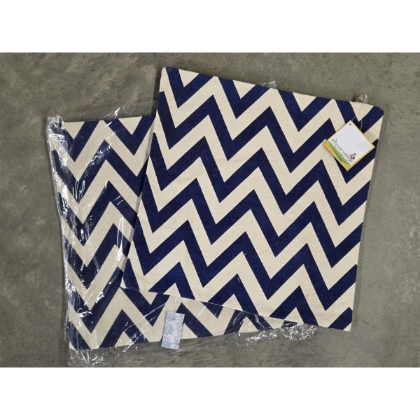Stylish Pair Of 15'' Blue & Natural Jute Color Chevron Pattern Zip Closure Pillow Covers 