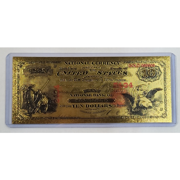 1875 $10 Territorial National Bank Of Bismarck 24K Gold Foil Novelty Note In Protective Holder