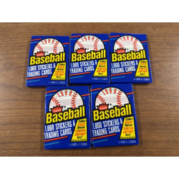 5 - 1988 Fleer Baseball Unopened Wax Packs - Mint Condition - 15 Cards Per Pack