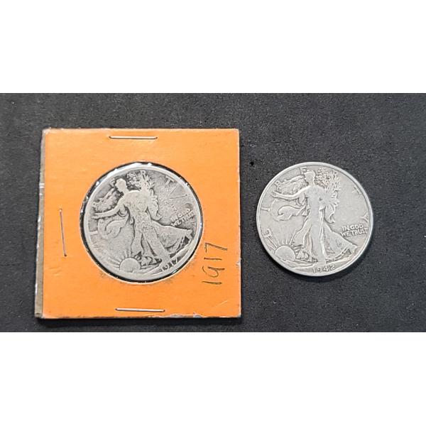 1917 & 1942-S 90% Silver Walking Liberty Half Dollars - Face Value: $1.00