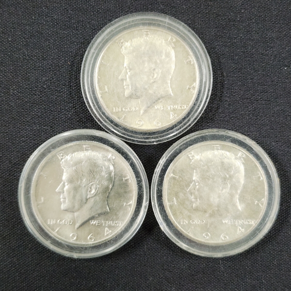 Three 90% Silver United States 1964 Kennedy Half Dollars in AU Condition ~ $1.50 Face Value