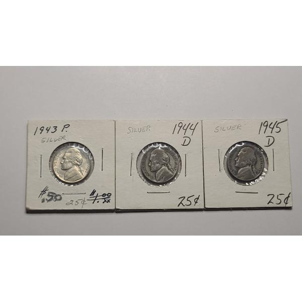1943-P, 1944-D, 1945-D 35% Silver Wartime Jefferson Nickels - Face Value: $0.15