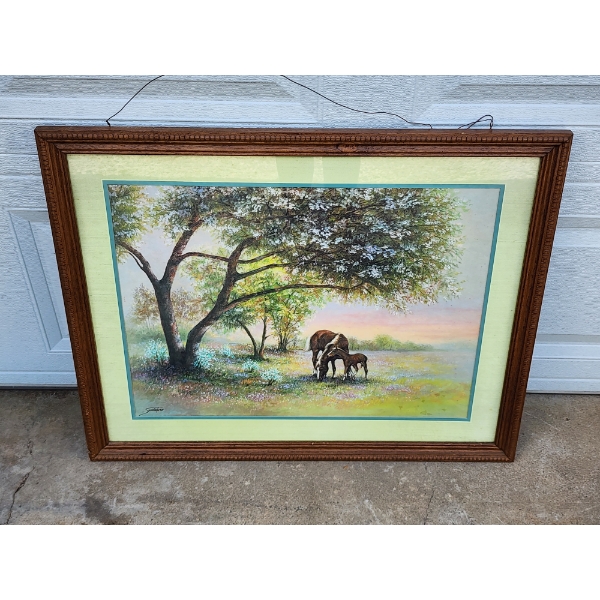 Vintage Wood Framed Joe Sambataro Impressionist Lithograph Print - Horses in a Meadow
