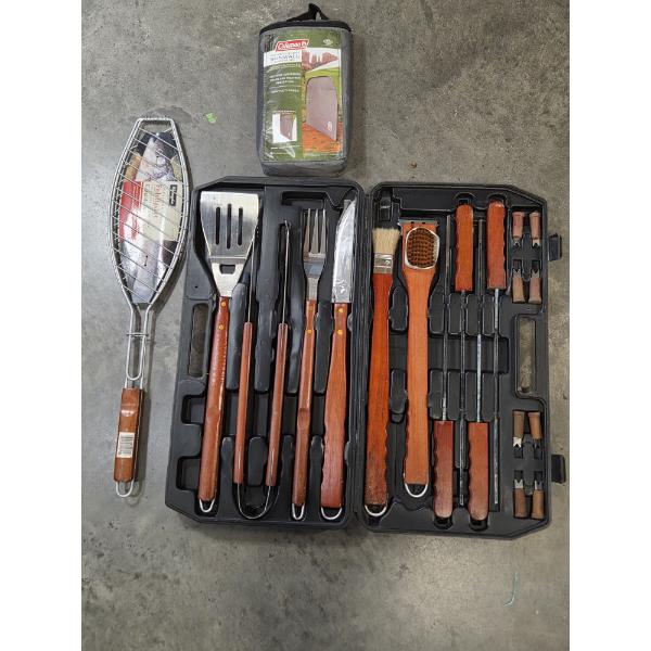All New- Deluxe Grill Tool Set in Hard Case, Grill Fish Basket, & Coleman Instant Sunwall