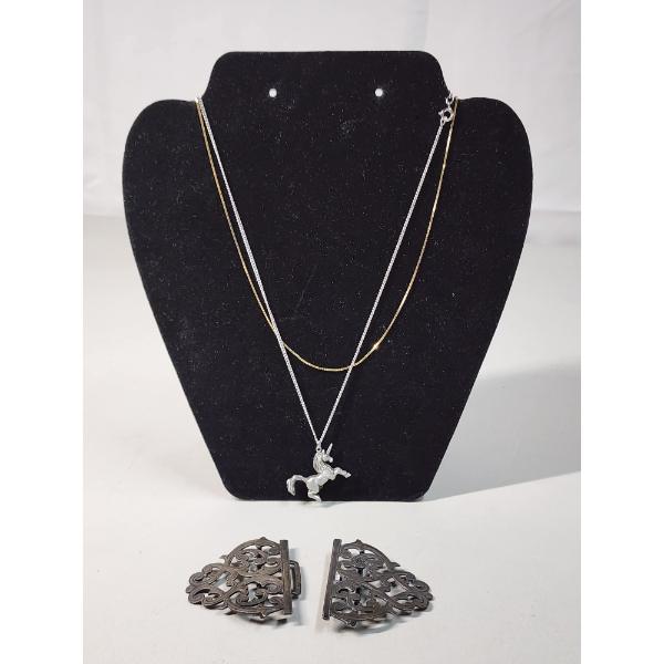 Assorted Sterling Silver Items: Necklaces, Unicorn Pendant, Belt Buckle Total Weight 38.6g