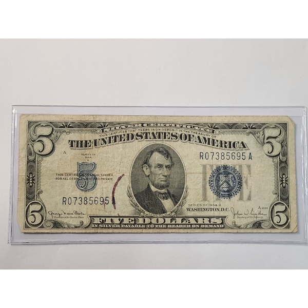 U.S Series 1934 D $5 Silver Certificate With Clark And Snyder Signatures In Protective Sleeve