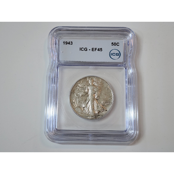 ICG GRADED EF45 1943 Walking Liberty 90% Silver Half Dollar 