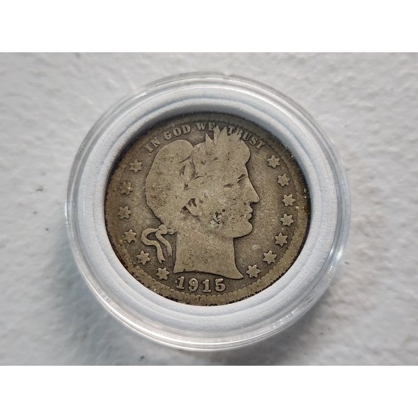 1915-S United States 90% Silver Barber Quarter in Capsule