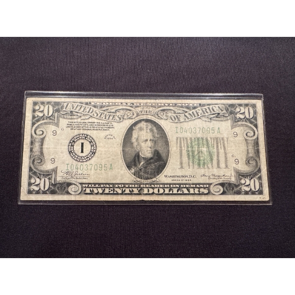 1934 United States $20 Jackson "Will Pay On Demand" Bill - Hard To Find $20 Note