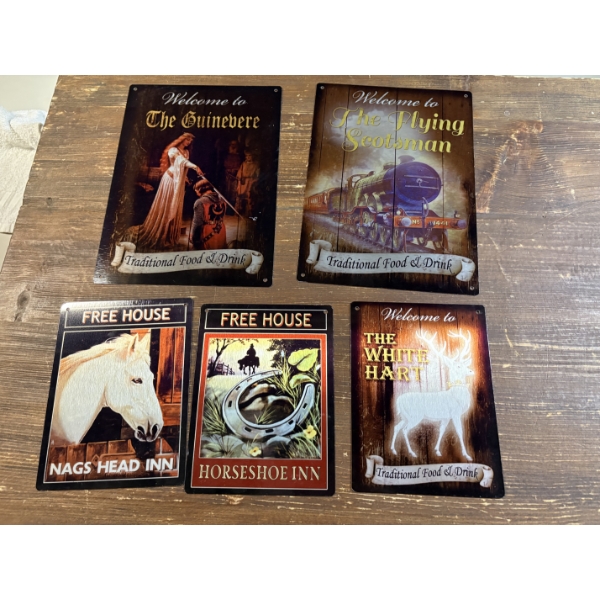 5 Tin Signs - 12x9" & 8x7" - The White Hart - Free House - Etc.