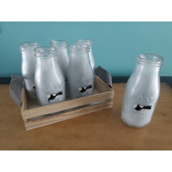 6 Pcs Plus Rack - Dairy Bottles - Pint Size - Decor Items