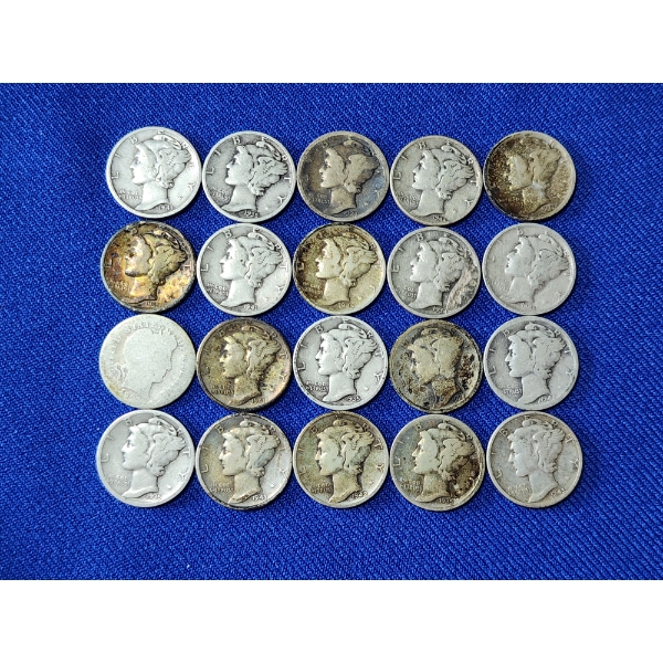 Lot of 20 Assorted Years Silver Mercury/Barber Dimes - 90% U.S. Silver - Face Value $2.00
