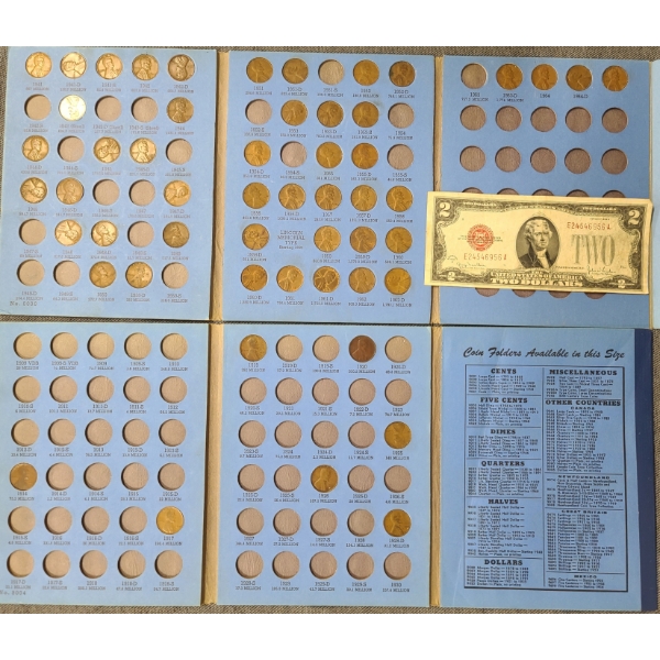 Two Partially Filled Lincoln Penny Collection Books With 1928 Red Seal $2 Bill