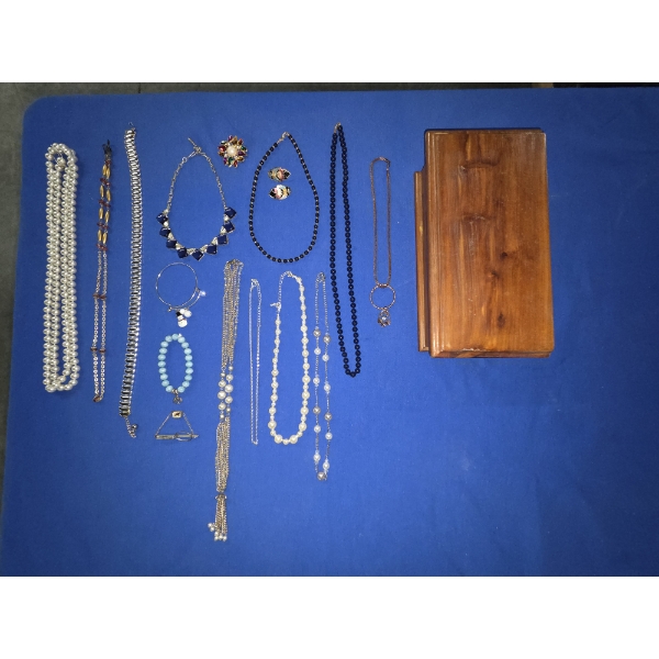 10''x5.5'' Vintage Wooden Jewelry Box With Great Collection Of Costume Pieces Including, Bracelets, 