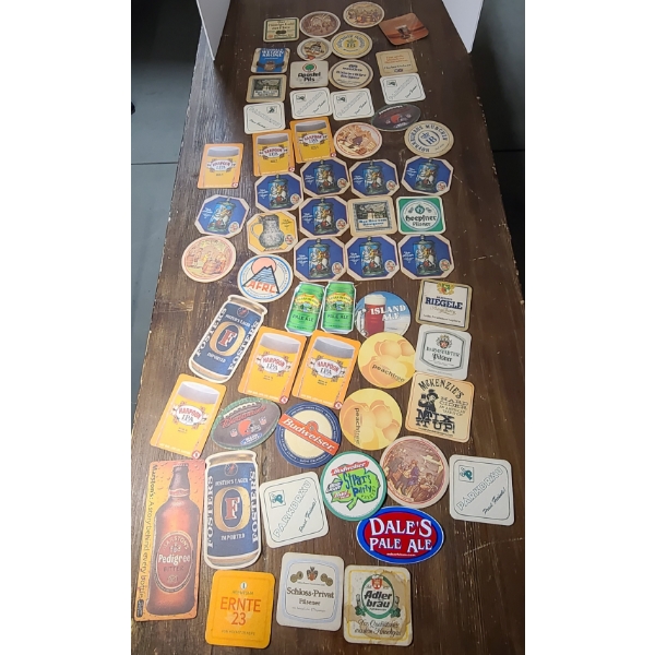(56) Assorted German Beer Coasters & (3) Beer Logo Stickers