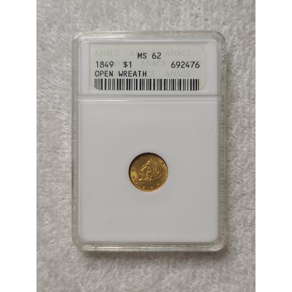 ANACS MS62 Graded 1849 One Dollar Open Wreath Gold Coin 