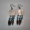 Image 1 : Buffalo Nickel, Sterling Silver Feather, & Turquoise Dangle Earrings - Total Weight: 14.1g