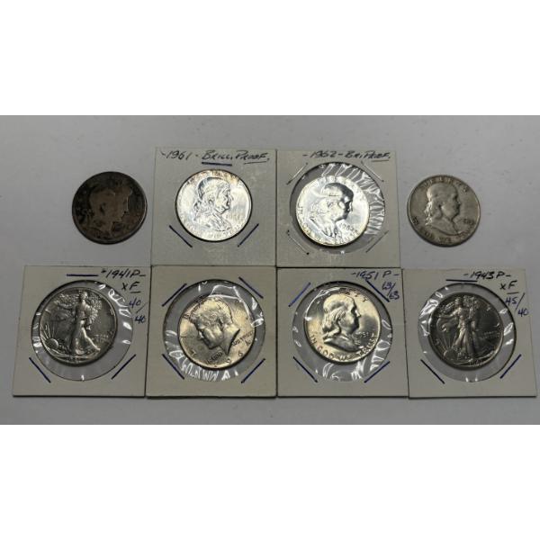 Lot of 8 Assorted 90% Silver Half Dollars- See Description
