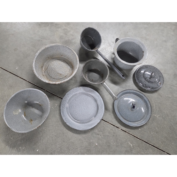 Gray Speckled Vintage Enamelware Collection Including Bowls, Plate, Pans, Lids And More