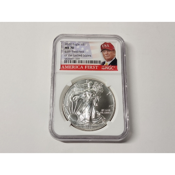 2020 $1 Silver American Eagle 1oz Fine Silver Graded MS70 by NGC ft. Donald Trump America First
