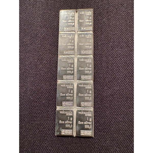 10 - Valcambi One Gram .999 Fine Silver Bars - Mint Condition - 10 Grams Total