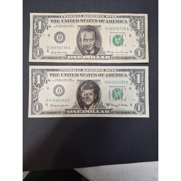 U.S. NOVELTY CURRENCY - 2 PCS AS SHOWN - JFK & LBJ  PHOTO OVERLAY REAL $1 BILLS - SEE PICS