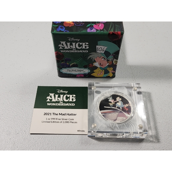 Limited Edition! 2021 Niue Disney Alice in Wonderland "The Mad Hatter" 1 oz .999 Fine Silver Coin 