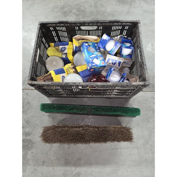 Large Group Of New Bulbs And Two Push Broom Heads