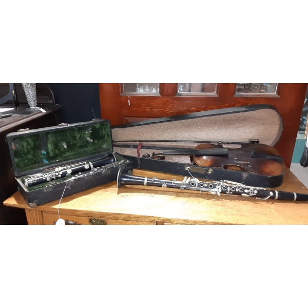 Musical Instruments - 2 Vintage Clarinets & Full Size Violin W Bow & Case - See Pics