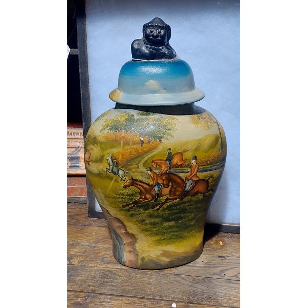 Antique Hand Painted Ceramic Hunting Themed Covered Jar / Vase - See Pics