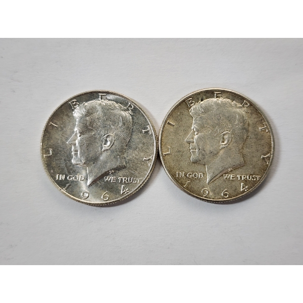 Two 1964 Kennedy Half Dollars - 90% Silver U.S. Coins - FV: $1.00