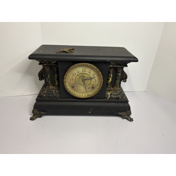Antique E. Ingraham "Adrian" mantel clock - Featuring an ebonized wood case with faux marble columns
