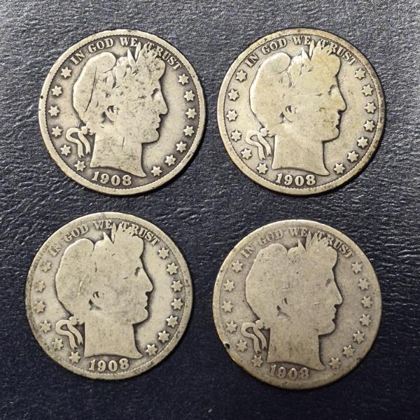 4 Pcs - 90% Silver Barber (Liberty Head) Half Dollars  1908 P / S / O / S - See Pics 