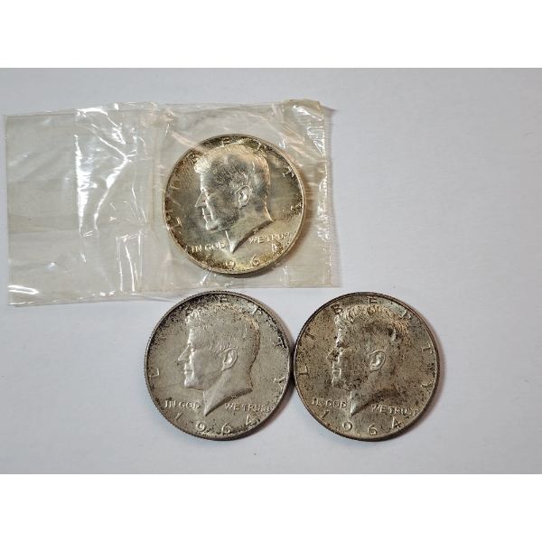 Three 1964 90% Silver Kennedy Half Dollars FV: $1.50