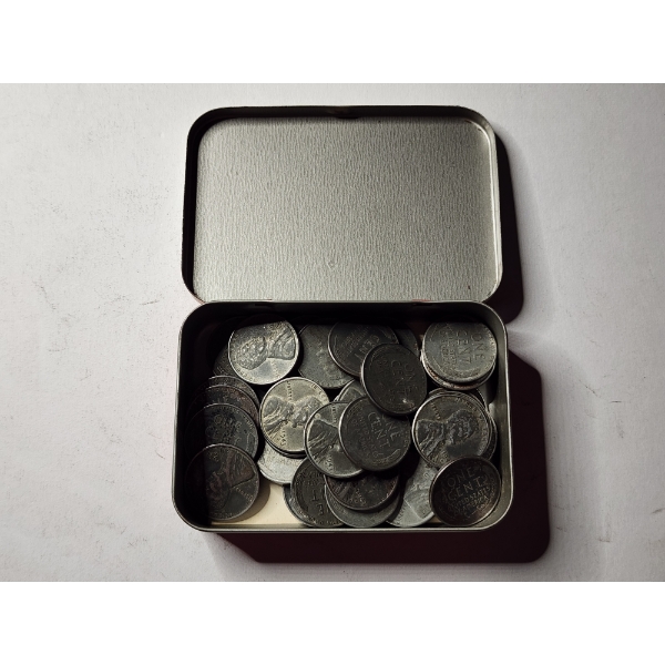 Vintage Metal Scripto Tin Filled With 42 United States 1943 Steel Wheat Pennies