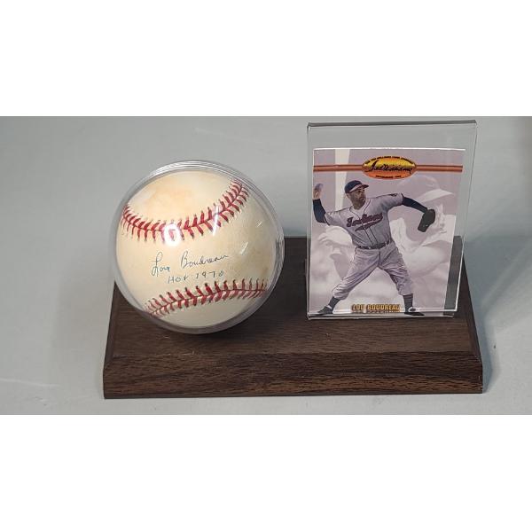 Lou Boudreau Autographed Rawlings Baseball & 1993 Ted Williams Co. Baseball Card In Display Stand