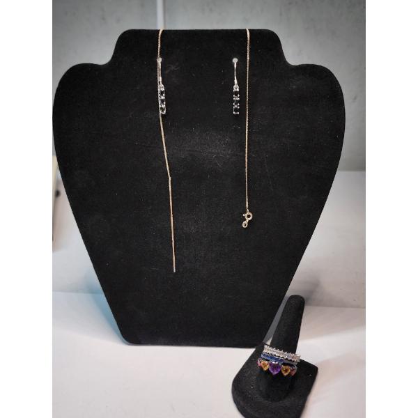Sterling Silver Earrings, Colorful Rings, and Broken Chain - TW: 10.1g