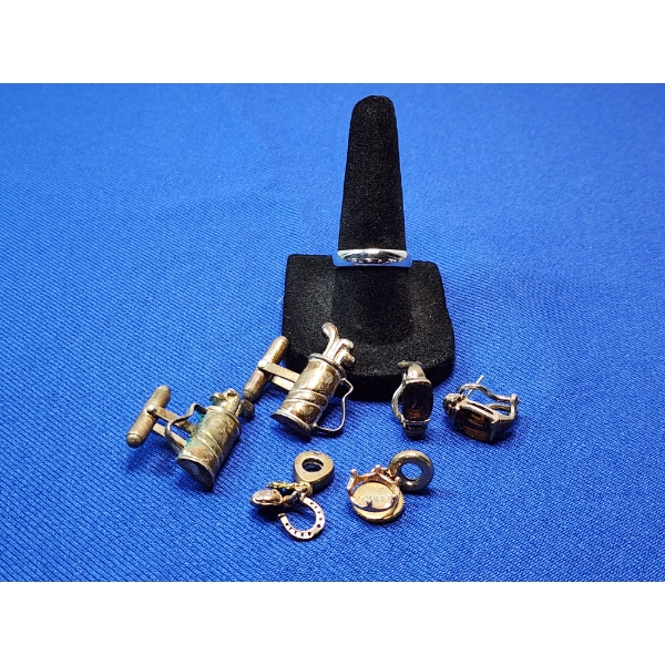 Sterling Silver Bracelet Charms, Earrings, Golf Cufflinks, & Size 7.5 Ring; Total Weight: 28.6g 