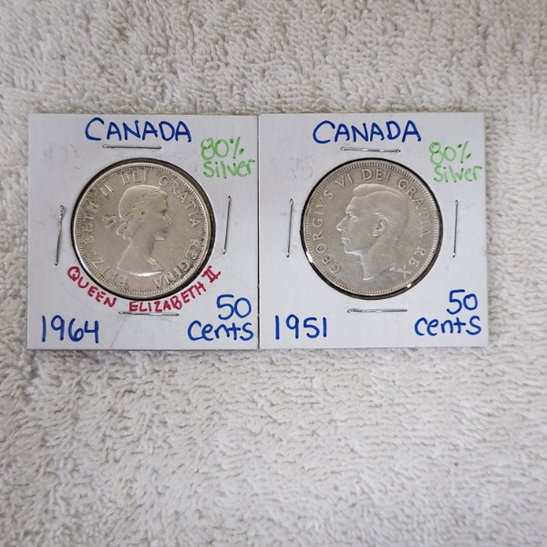 1951 & 1964 Canada 50 Cents Silver Coins 80% Silver ASW 0.1808 oz Each