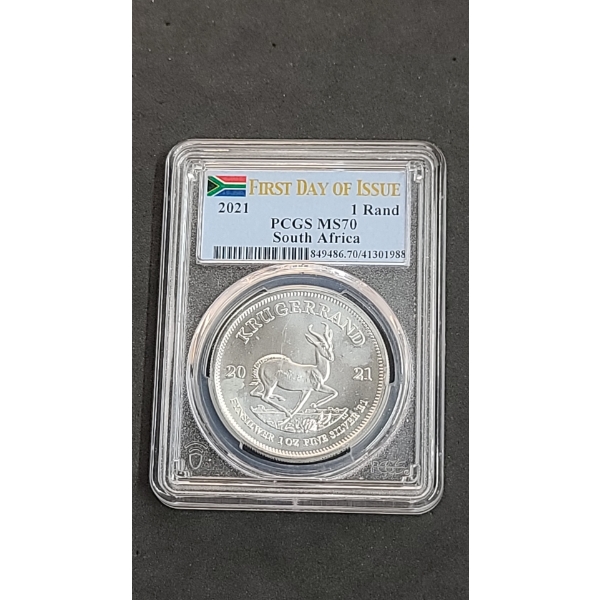 PCGS First Day Issue 2021 MS70 South African Krugerrand 1 oz Fine Silver Coin