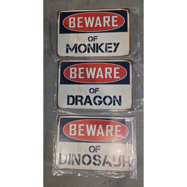 Three Brand New 12''x8'' Tin Decorative Beware Of Monkey, Dragon & Dino Signs