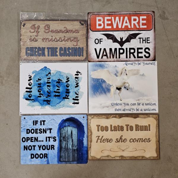 Set Of 6 Assorted Novelty Metal Tin Signs (8x5")